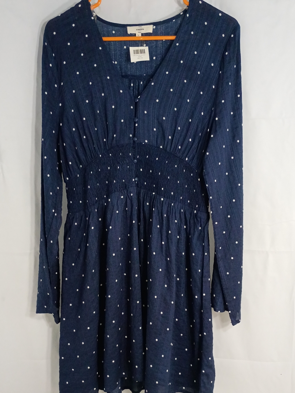entro Navy Polka Dot Long Sleeve Smocked Waist Dress